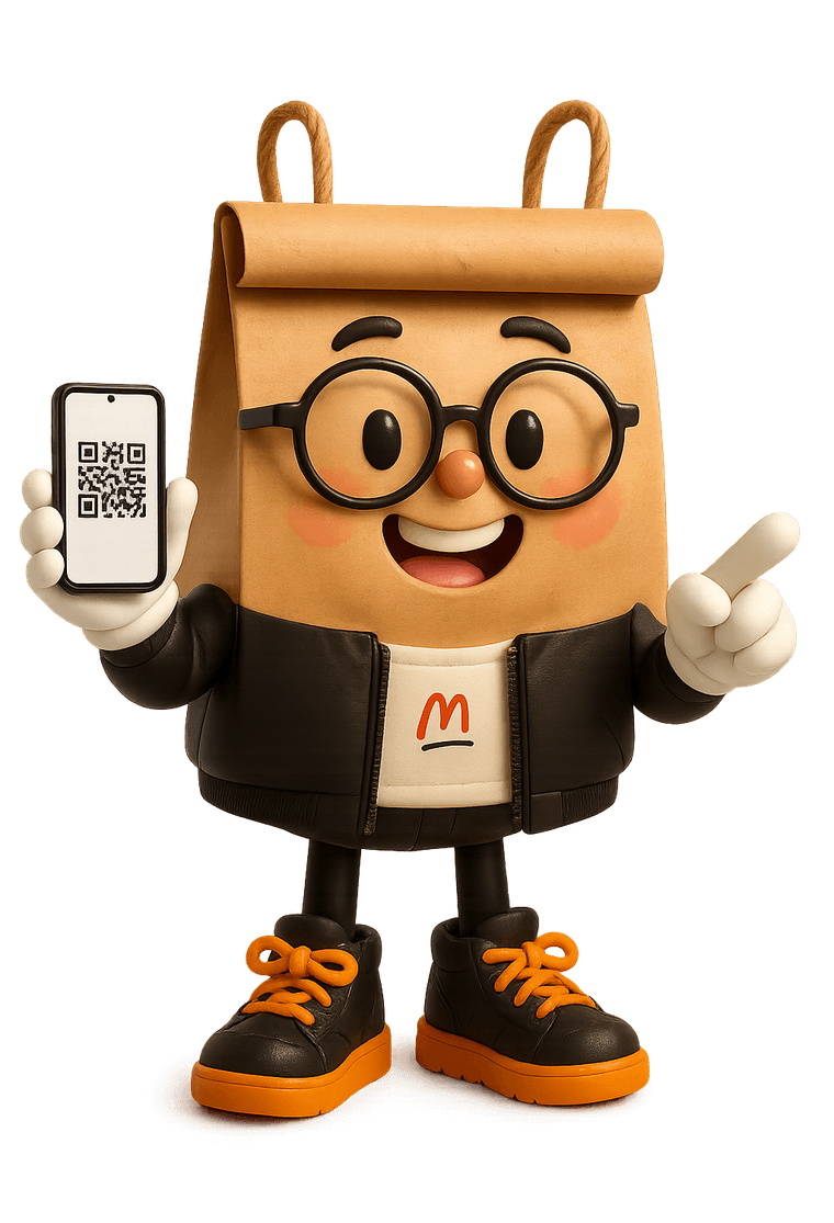 The MagPRINT mascot pointing to a phone showing a QR code